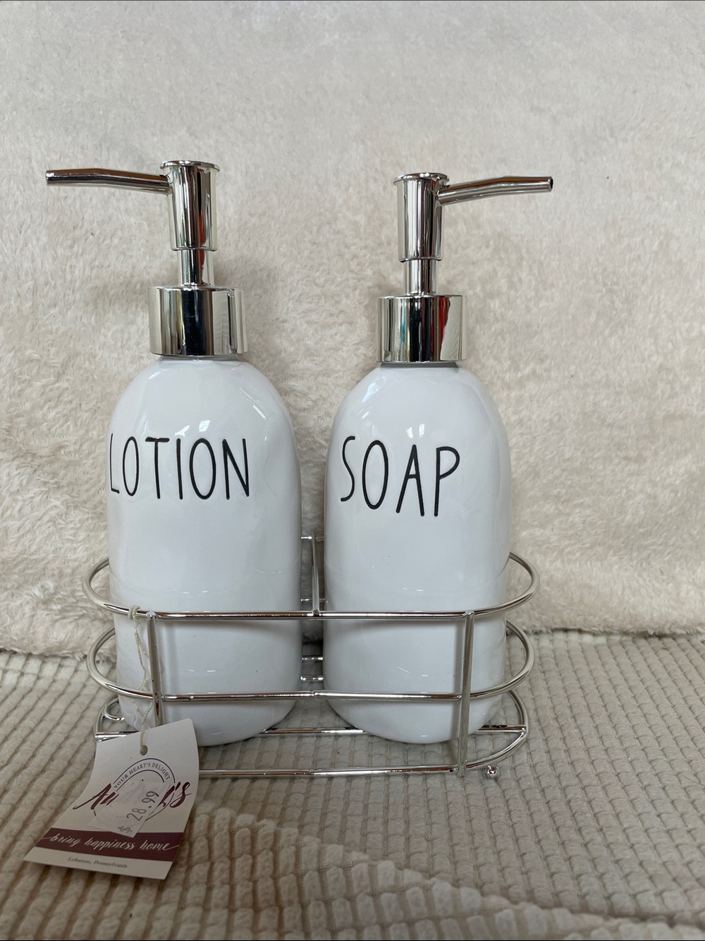 White Ceramic Soap & Lotion Pump Duo with Chrome Rack NWT
